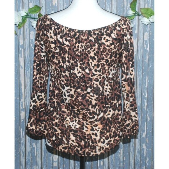 Lascana Ladies Brown Cheetah Print Blouse Top Size S 3/4 Bell Sleeves Animal Pri - Picture 6 of 9